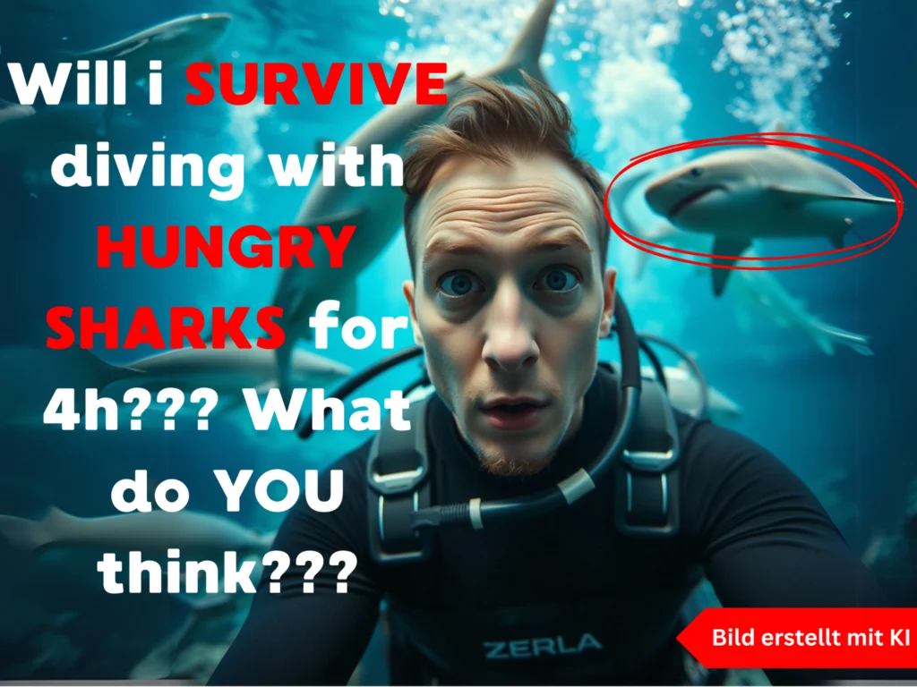 KI-generiertes Bild mit Taucher, umgeben von Haien, und reißerischem Text als Clickbait-Thumbnail