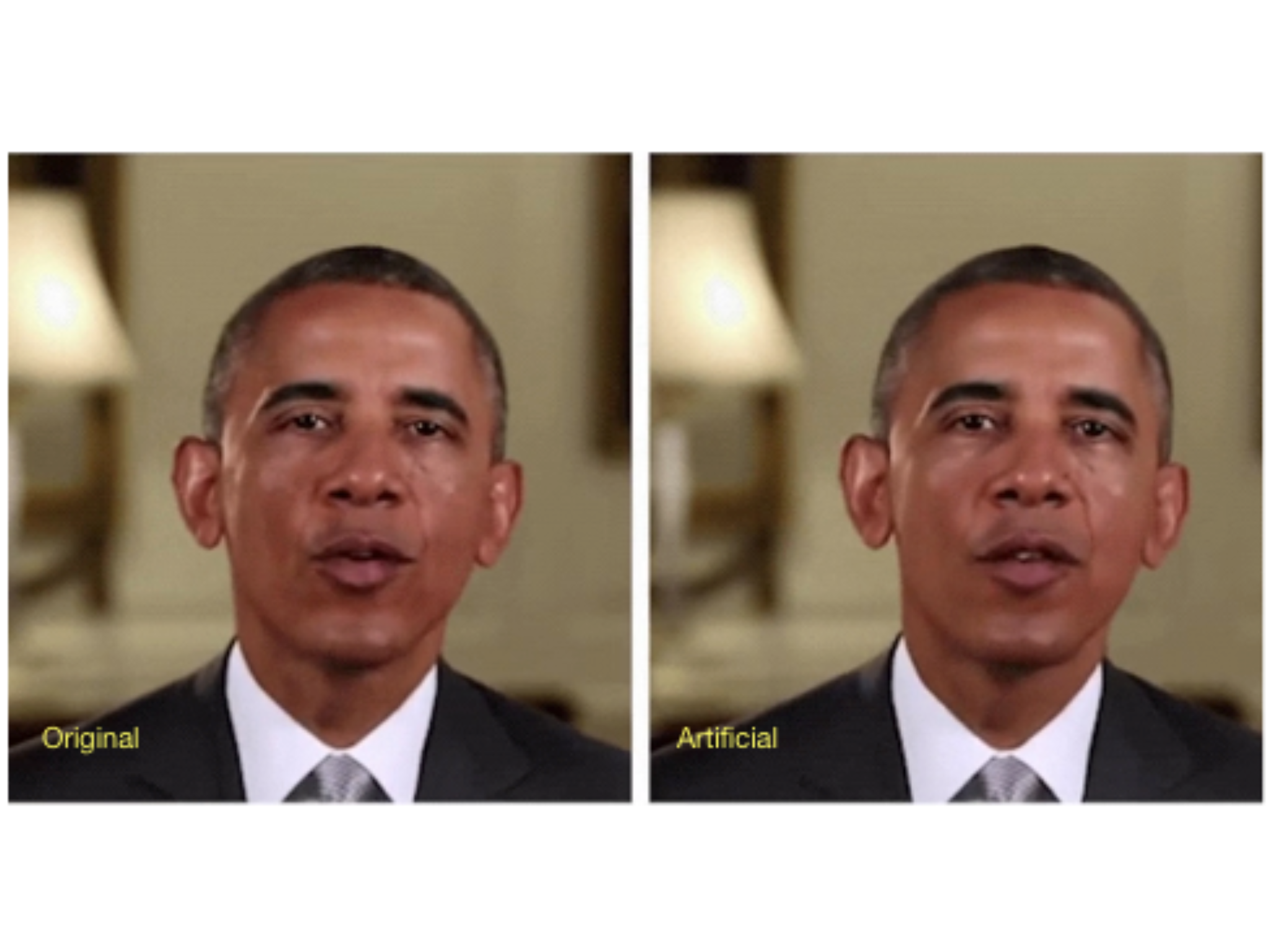 Zwei Bilder nebeneinander zeigen Original und künstlich erzeugtes Video von Obama – Beispiel für Deepfake-Technologie