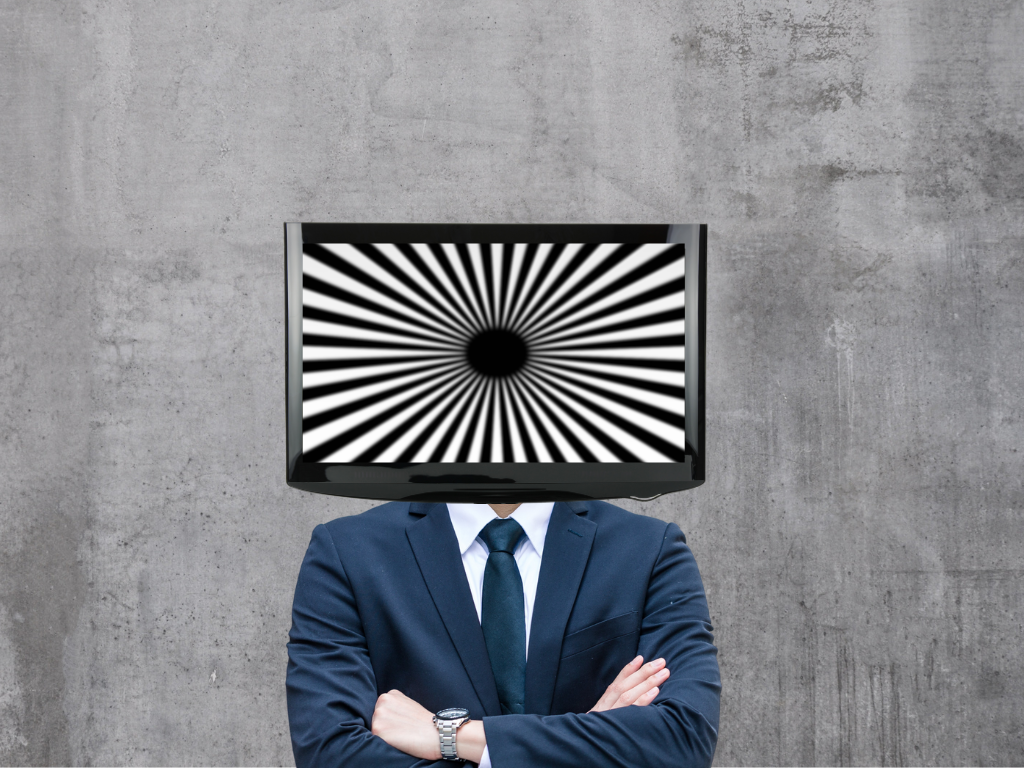 Symbolbild Medienmanipulation: Mann im Anzug mit hypnotisierendem Fernsehbildschirm als Kopf – Wirkung von Medien auf Wahrnehmung und Meinung