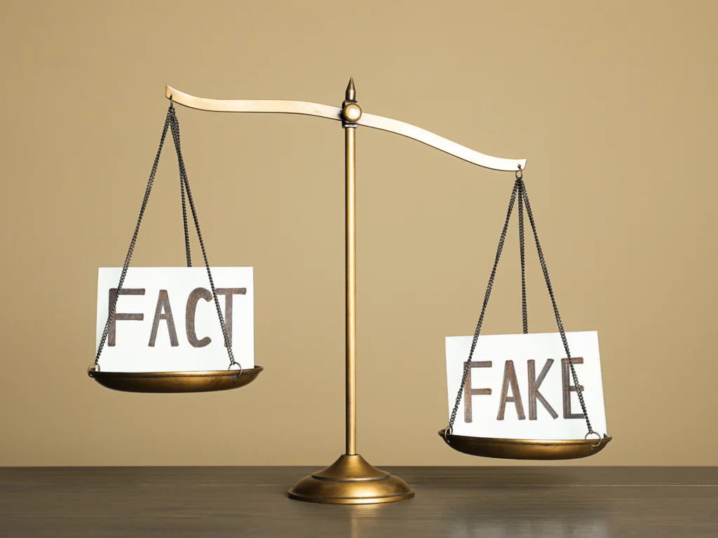 Waage mit den Karten „FACT“ und „FAKE“ – Symbol für Wahrheit vs. Falschinformation
