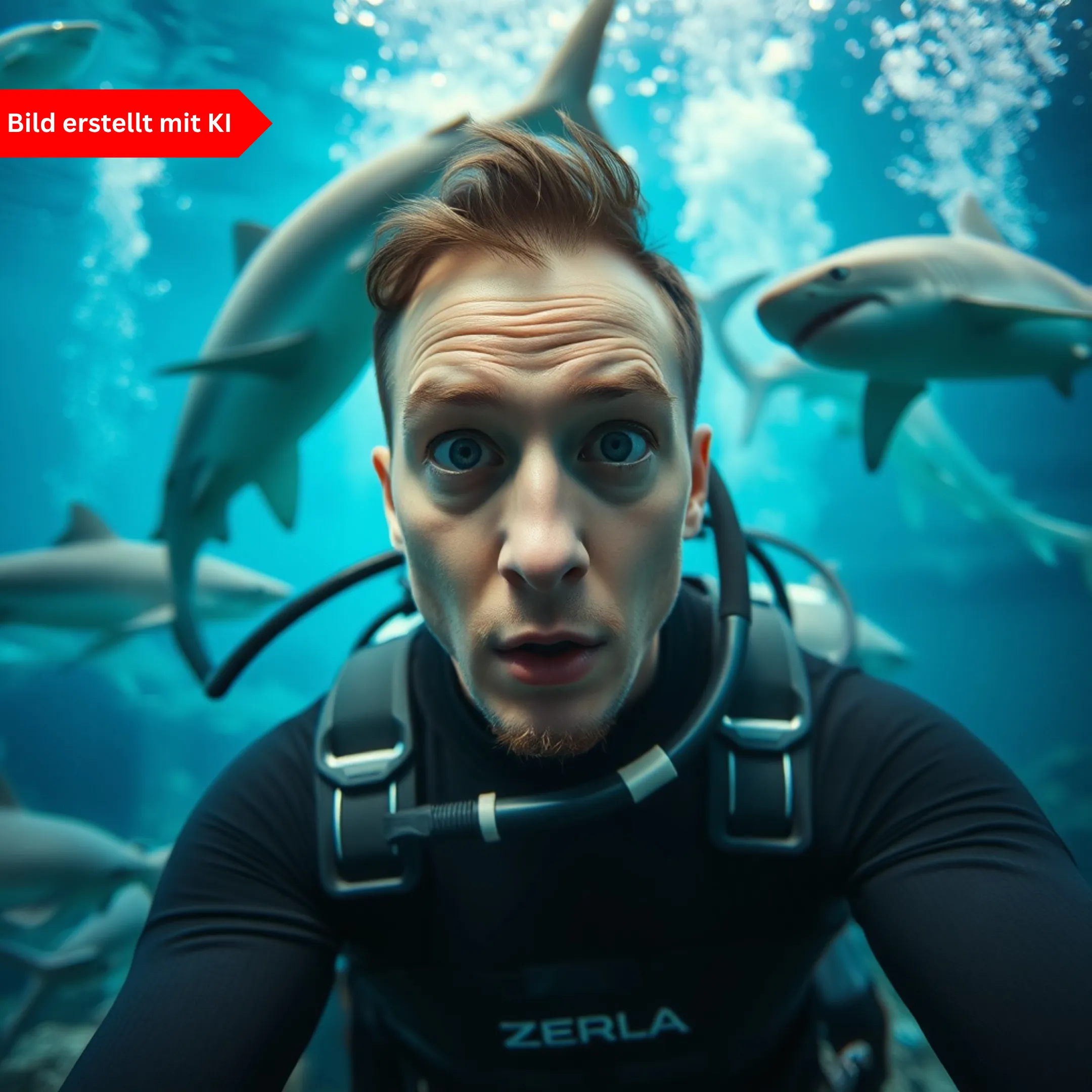 Clickbait-Beispiel: KI-generiertes Bild zeigt schockierten Taucher mit Haien – Aufmerksamkeit durch extreme Darstellung